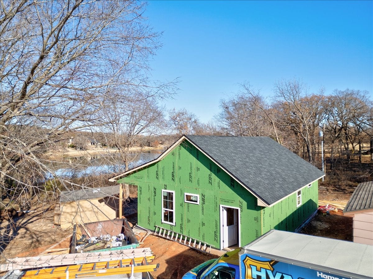 Guest house under construction with exterior sheathing